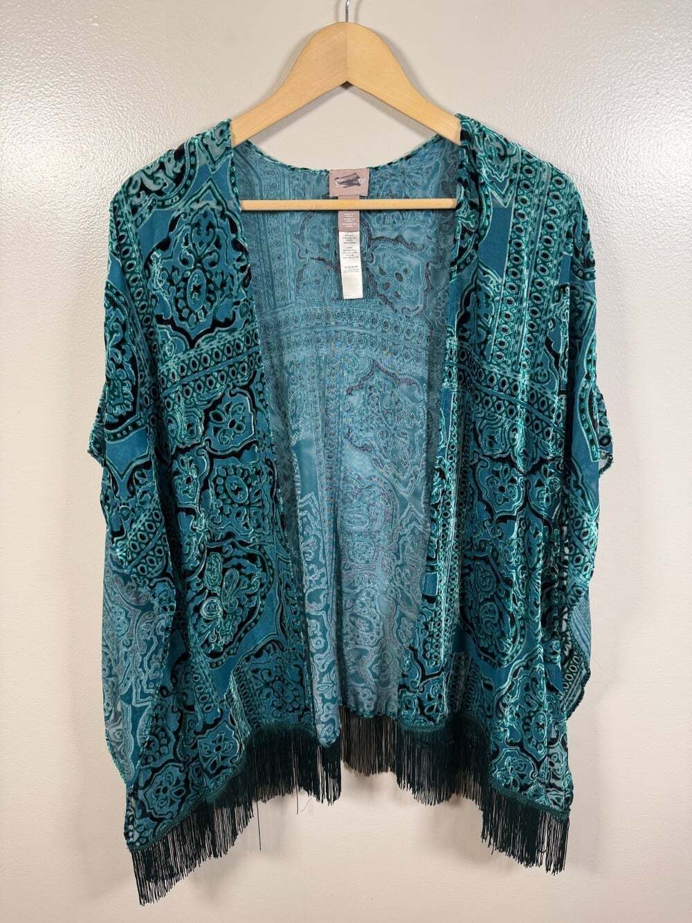 Chicos Velvet Burnout Fringe Kimono Size Small Medium Green Boho Hippie Folk